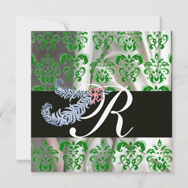 DIAMOND FEATHERS GREEN SILVER SILK DAMASK MONOGRAM INVITATION (Front)