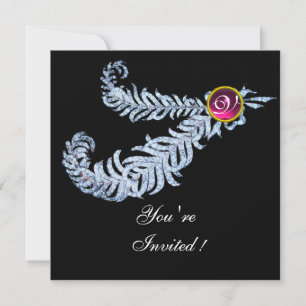DIAMOND FEATHERS MONOGRAM ,red ruby ,pink Invitation