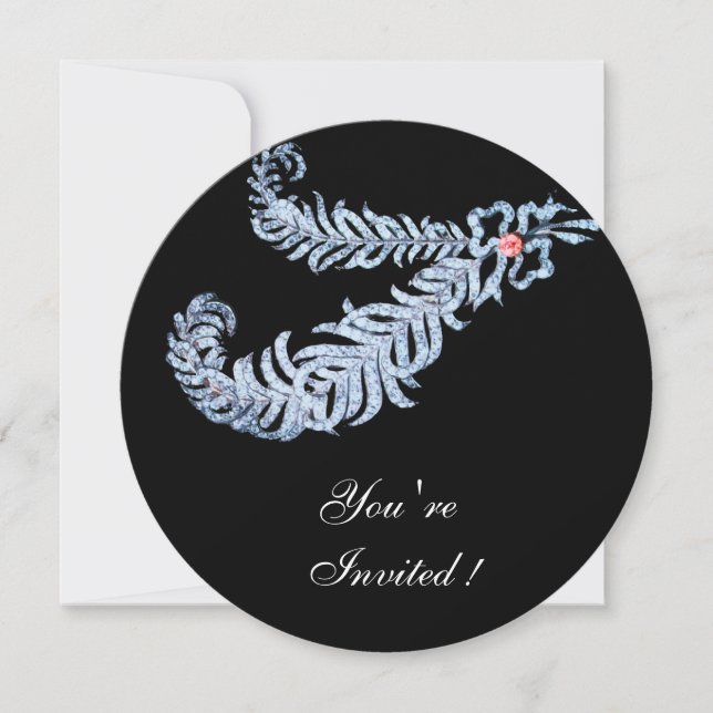 DIAMOND FEATHERS PINK GEM Black White Wedding Invitation (Front)
