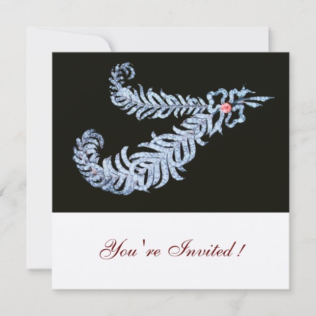DIAMOND FEATHERS,PINK RIBBON Black White Wedding Invitation (Front)