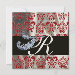 DIAMOND FEATHERS RED GOLD SILK DAMASK MONOGRAM INVITATION