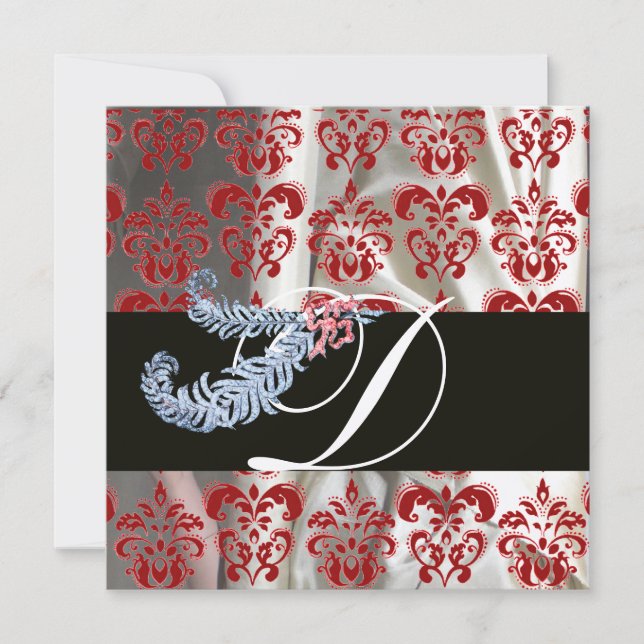 DIAMOND FEATHERS RED WHITE SILK DAMASK MONOGRAM INVITATION (Front)