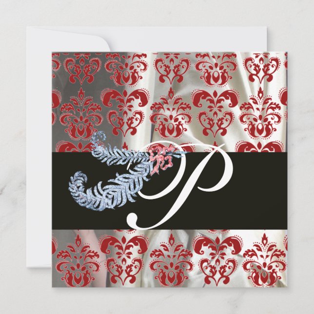 DIAMOND FEATHERS RED WHITE SILK DAMASK MONOGRAM INVITATION (Front)