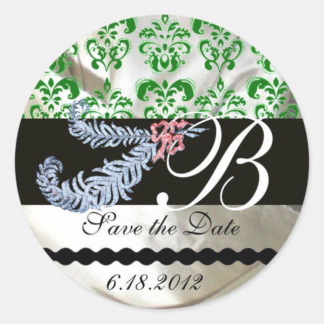DIAMOND FEATHERS WHITE GREEN SILK DAMASK MONOGRAM CLASSIC ROUND STICKER (Front)