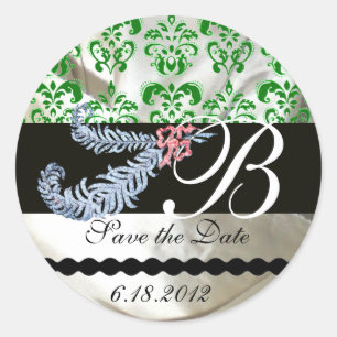 DIAMOND FEATHERS WHITE GREEN SILK DAMASK MONOGRAM CLASSIC ROUND STICKER