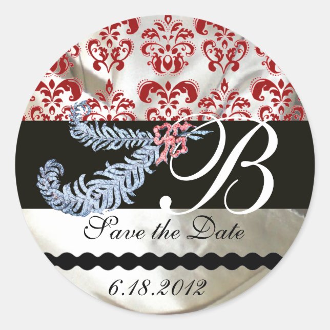 DIAMOND FEATHERS WHITE RED SILK DAMASK MONOGRAM CLASSIC ROUND STICKER (Front)