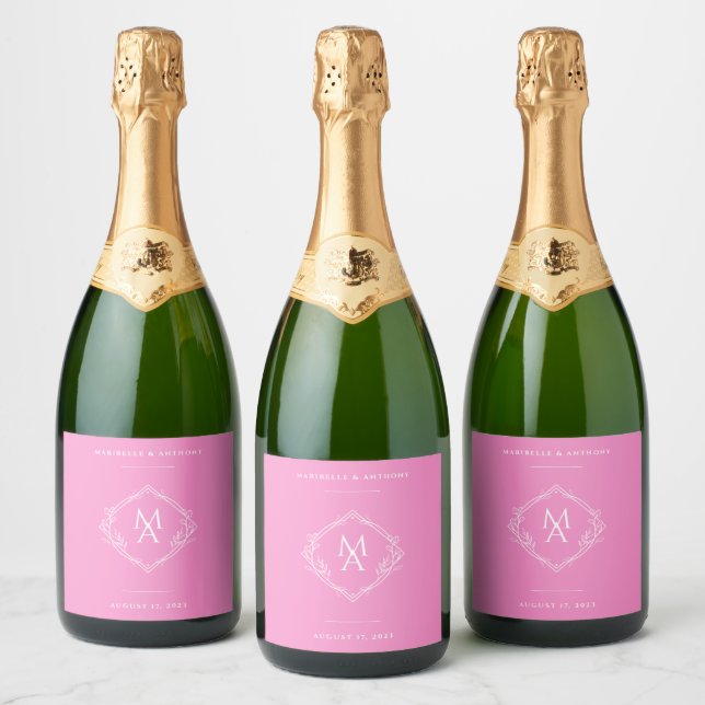 Diamond Floral Monogram Pink Wedding  Sparkling Wine Label (Bottles)