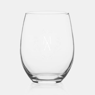 Diamond Floral Wedding Monogram Stemless Wine Glass
