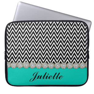 Diamond Flower Black White Chevron Pattern Laptop Sleeve