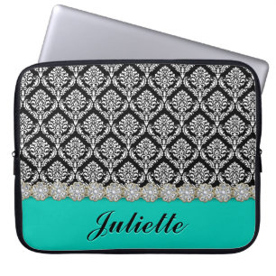 Diamond Flower Black White Damask Pattern Laptop Sleeve