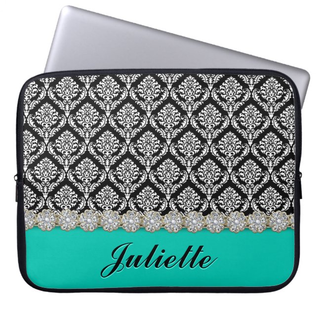 Diamond Flower Black White Damask Pattern Laptop Sleeve (Front)