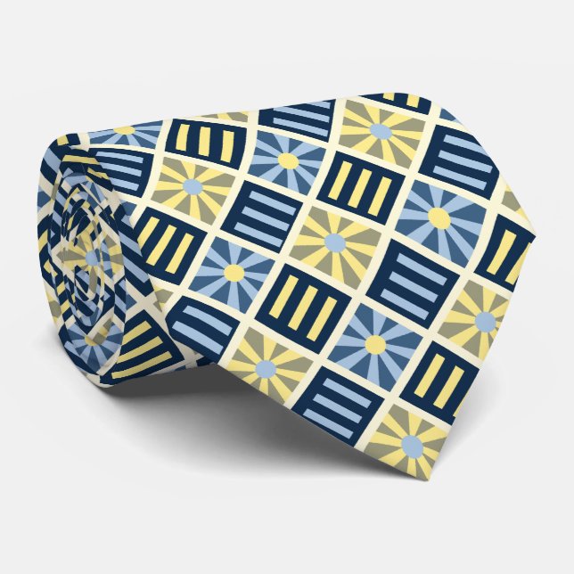 Diamond Flower Geometric Blue & Yellow Two-sided Tie (Rolled)