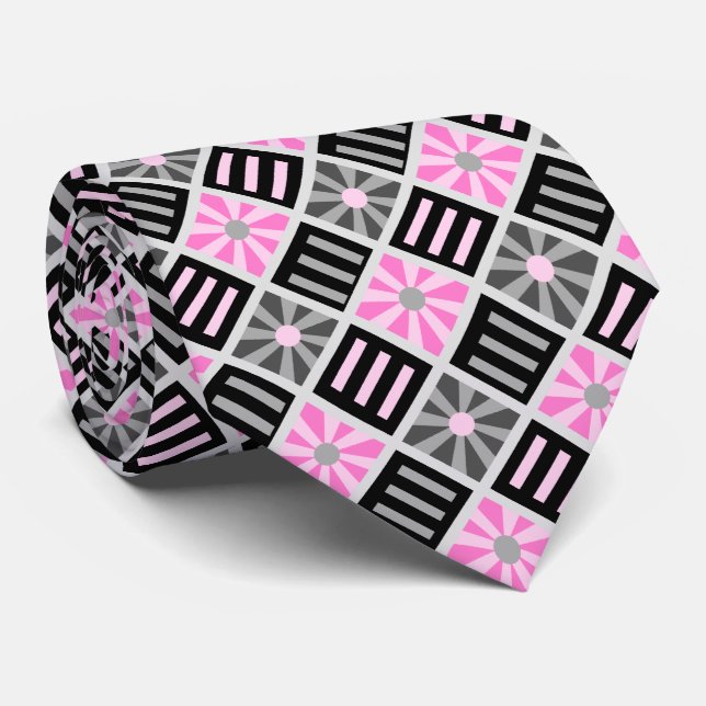 Diamond Flower Geometric Grey & Pink Two-sided Tie (Rolled)