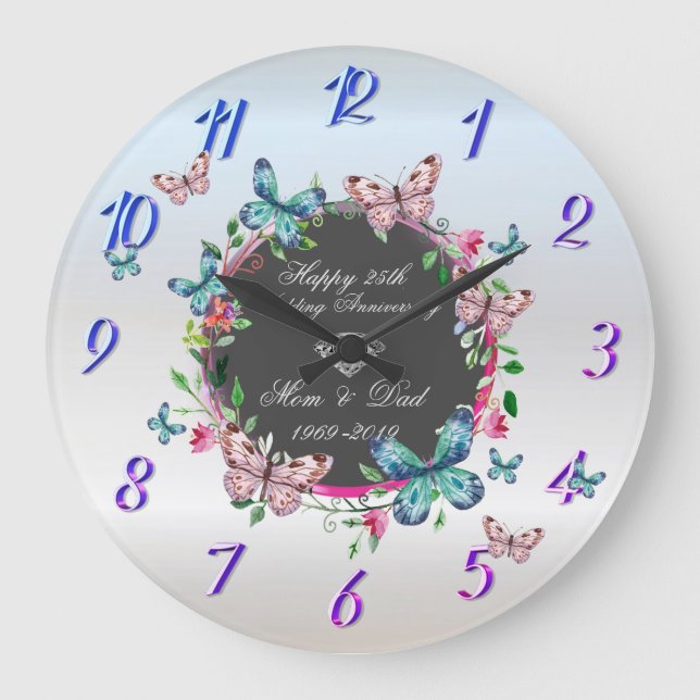 Diamond Flowers Butterflies 50 Wedding Anniversary Large Clock (Front)