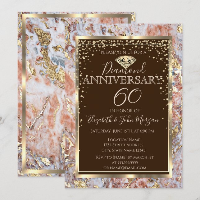Diamond Frame Marble Glitter Wedding Anniversary Invitation (Front/Back)