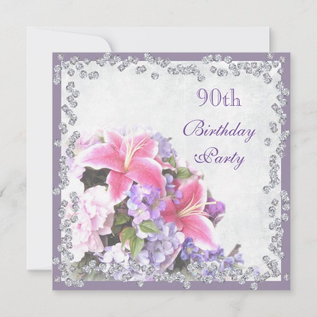 Diamond Framed Flowers 90th Birthday Invitation (Front)