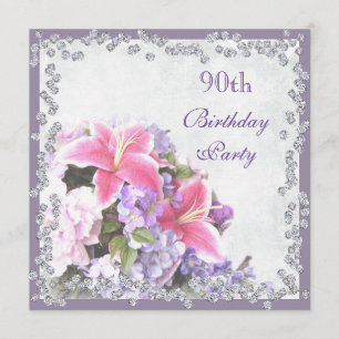Diamond Framed Flowers 90th Birthday Invitation