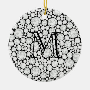 Diamond Gems Monogram Initial Black Elegant  Ceramic Tree Decoration
