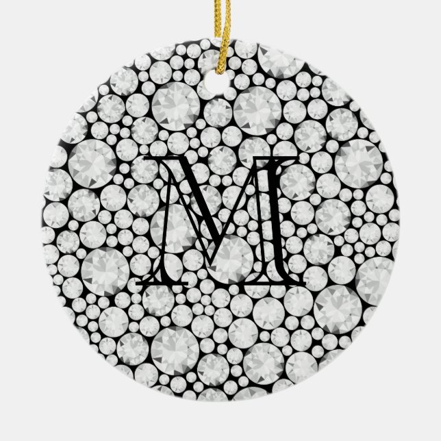 Diamond Gems Monogram Initial Black Elegant  Ceramic Tree Decoration (Front)