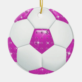 Diamond Gemstones Hot Pink & Aqua Soccer Ball Ceramic Tree Decoration