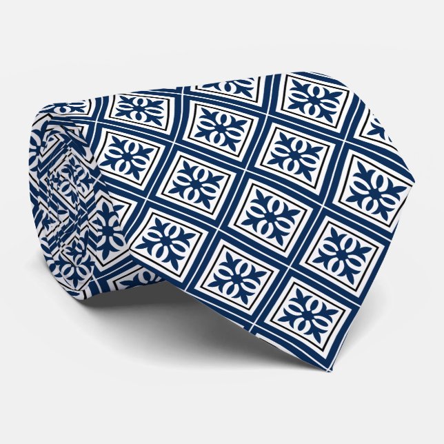 Diamond Geometric Blue & White Tie (Rolled)