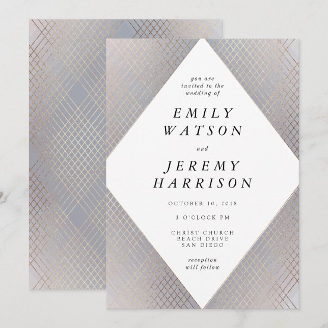 Diamond Geometric Grey Deco Gold Gatsby Wedding Invitation (Front/Back)