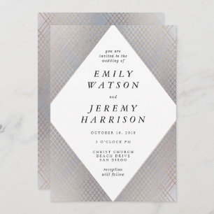 Diamond Geometric Grey Deco Gold Gatsby Wedding Invitation