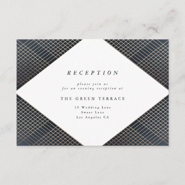 Diamond Geometric Navy Gold Gatsby Reception Card (Front)