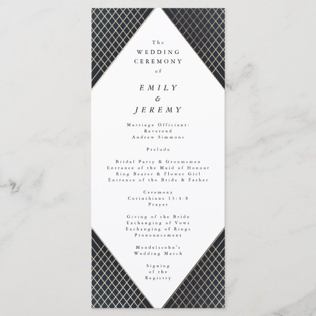 Diamond Geometric Navy Gold Gatsby Wedding Programme (Front)