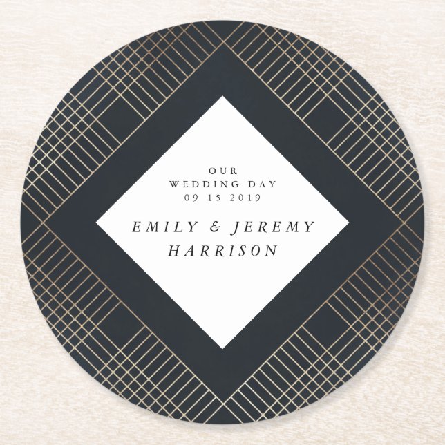 Diamond Geometric Navy Gold Gatsby Wedding Round Paper Coaster (Front)