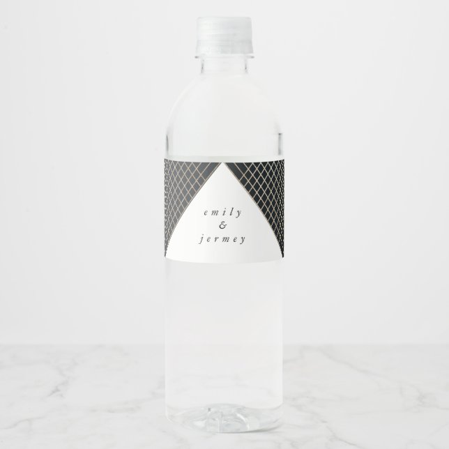 Diamond Geometric Navy Gold Gatsby Wedding Water Bottle Label (Front)