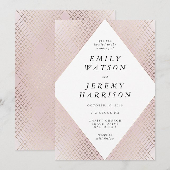 Diamond Geometric Pink Deco Gold Gatsby Wedding Invitation (Front/Back)