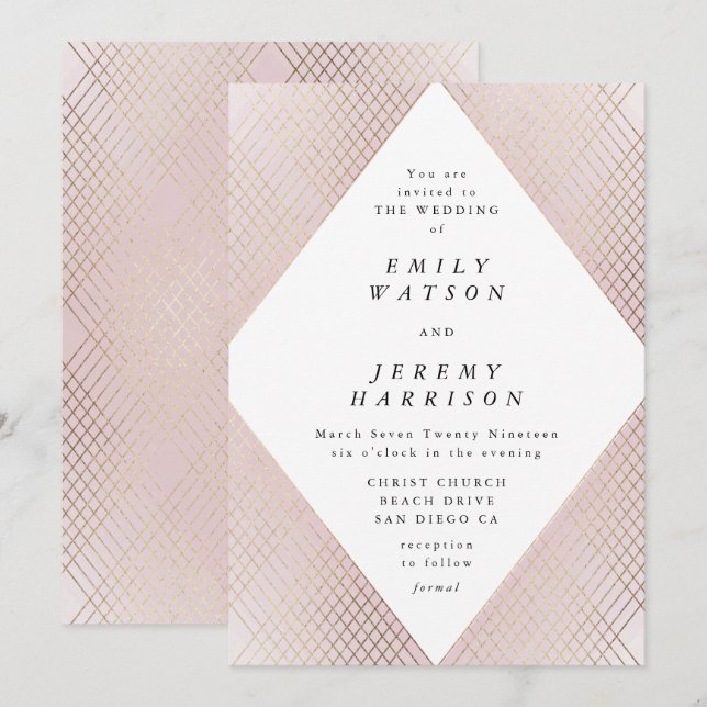 Diamond Geometric Pink Deco Gold Gatsby Wedding Invitation (Front/Back)