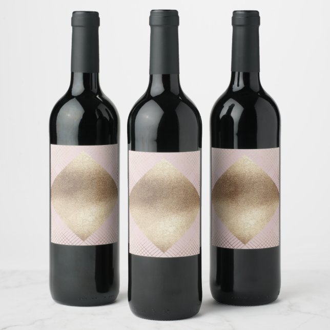 Diamond Geometric Pink Gold Blank Gatsby Wedding Wine Label (Bottles)