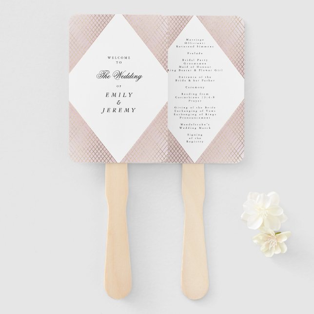 Diamond Geometric Pink Gold Gatsby Wedding Hand Fan (Front and Back)