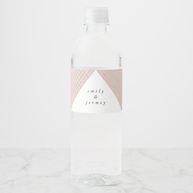 Diamond Geometric Pink Gold Gatsby Wedding Water Bottle Label (Front)