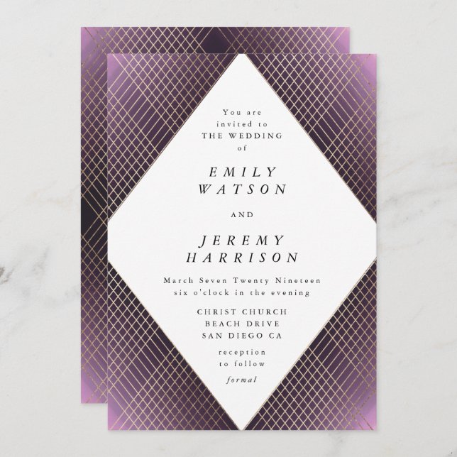 Diamond Geometric Purple Deco Gold Gatsby Wedding Invitation (Front/Back)
