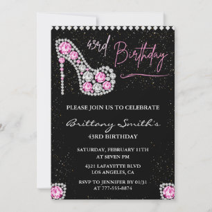 Diamond Glam Black Pink Glitter Shoe 43rd birthday Invitation