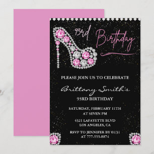 Diamond Glam Black Pink Glitter Shoe 93rd birthday Invitation