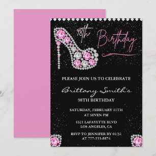 Diamond Glam Black Pink Glitter Shoe 98th birthday Invitation