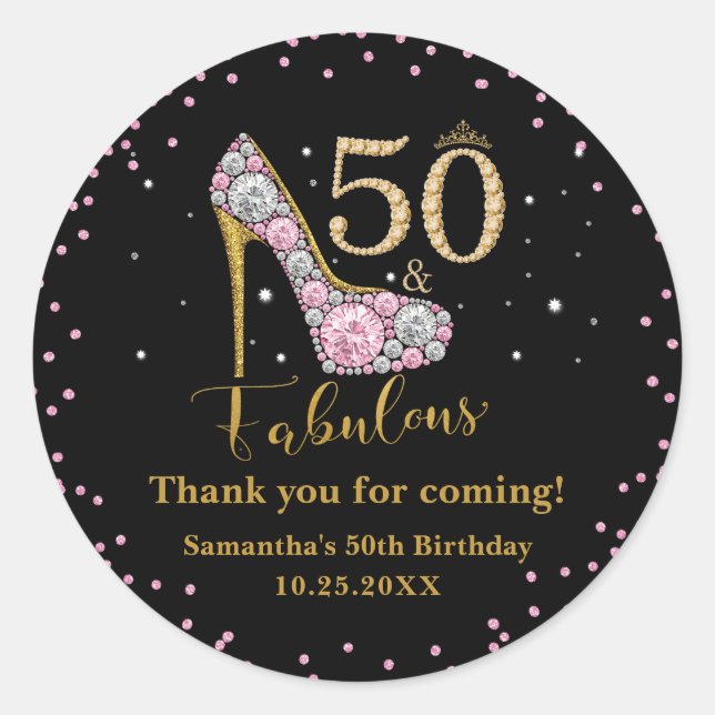Diamond Glitter Fifty and Fabulous 50th Birthday Classic Round Sticker (Front)