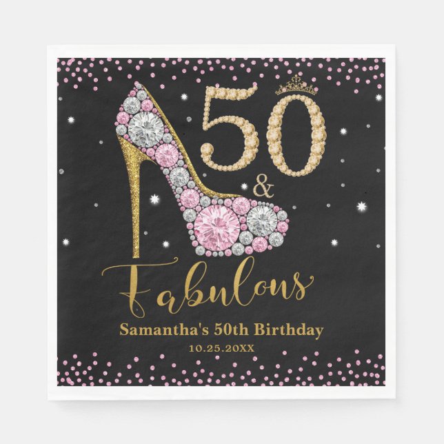 Diamond Glitter Fifty and Fabulous 50th Birthday Napkin (Front)