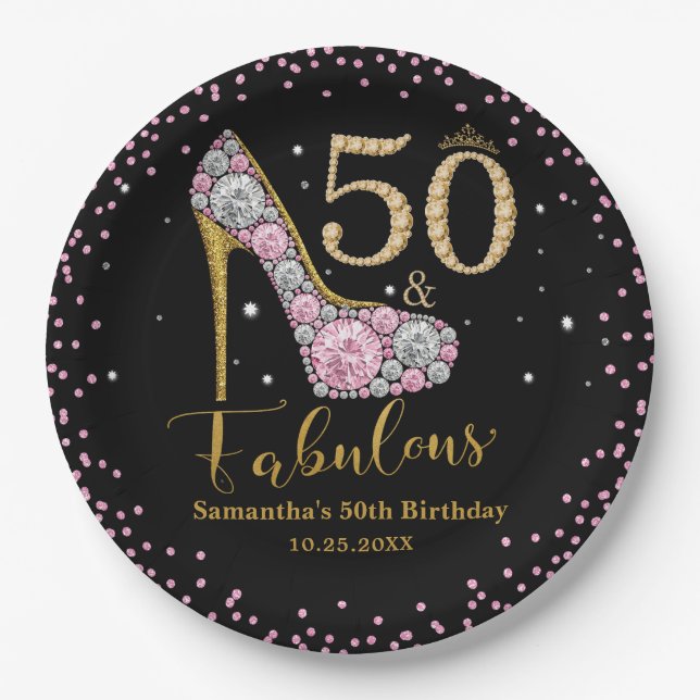 Diamond Glitter Fifty and Fabulous 50th Birthday Paper Plate (Front)