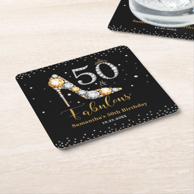 Diamond Glitter Fifty and Fabulous 50th Birthday Square Paper Coaster (Angled)