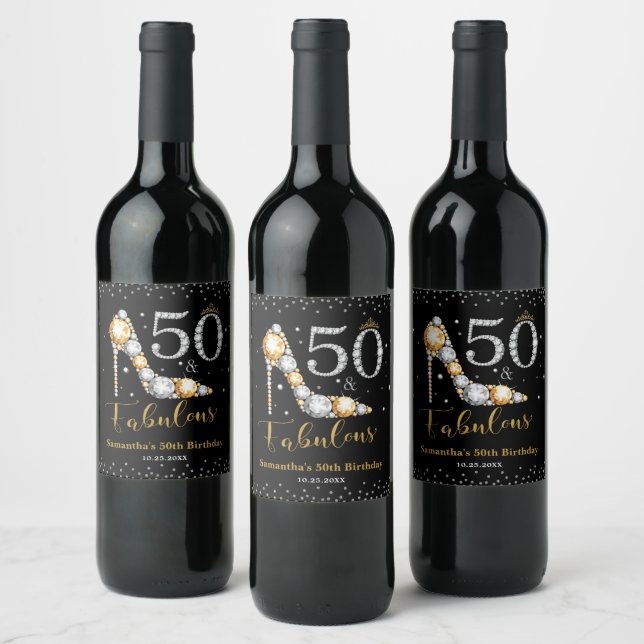 Diamond Glitter Fifty and Fabulous 50th Birthday Wine Label (Bottles)