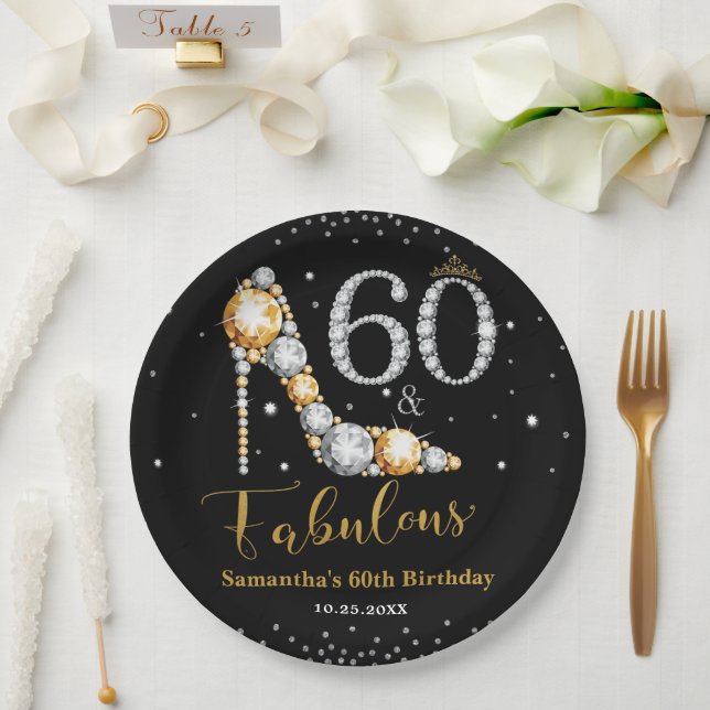 Diamond Glitter Fifty and Fabulous 60th Birthday Paper Plate (Wedding)