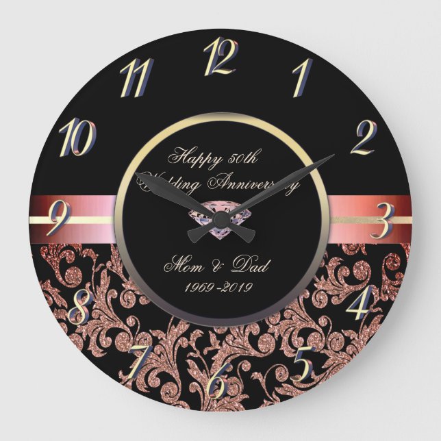 Diamond Glitter Swirls 50th Wedding Anniversary Large Clock (Front)