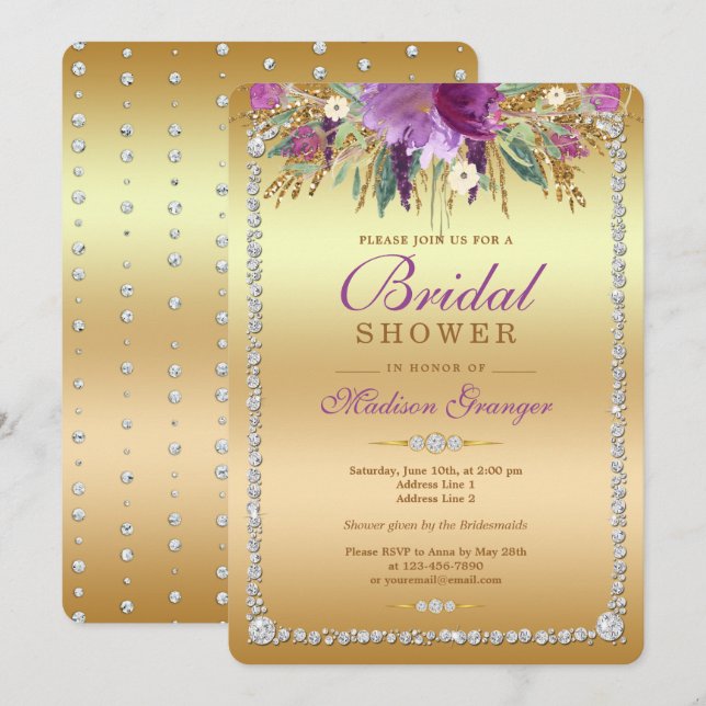 Diamond Glitter Watercolor Flowers Bridal Shower Invitation (Front/Back)