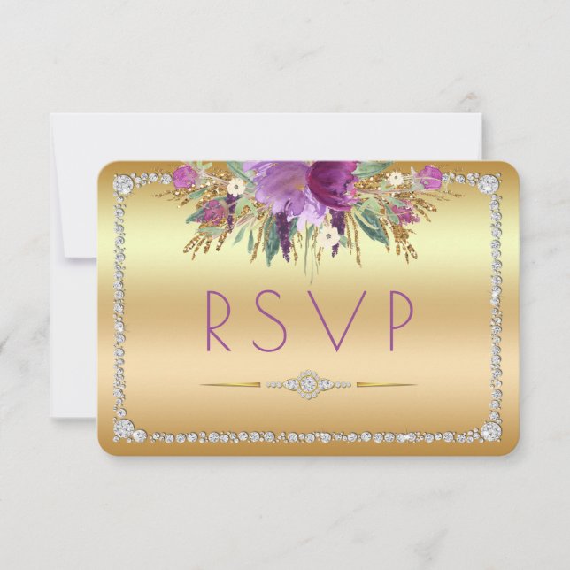 Diamond Glitter Watercolor Flowers Gold RSVP (Front)