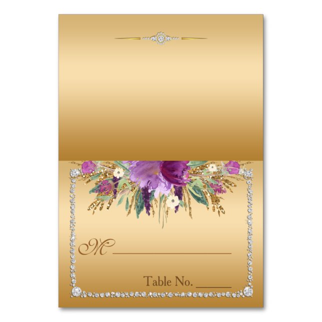Diamond Glitter Watercolor Flowers Place Card (Front)